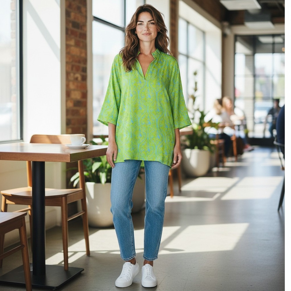 Escapada Womens Tunic Top L Lime Green Turquoise Blue Damask 3/4 Sleeve V-Neck - Picture 1 of 11